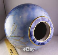 #1 Tharaud Limoges French Porcelain Hand Painted Blue Gold Floral Globe Vase