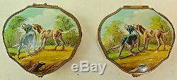 2 Antique Limoges Enameled Porcelain Trinket Boxes with Portrait of two Hounds