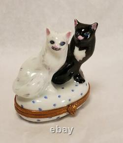 2 Cat Polka Dot French Limoges Porcelain Trinket Box Peint A La Main Signed HF