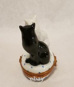 2 Cat Polka Dot French Limoges Porcelain Trinket Box Peint A La Main Signed HF