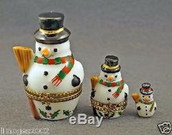 3 Pc Set 2 Nesting Boxes One Figurine Snowman Christmas French Limoges Box