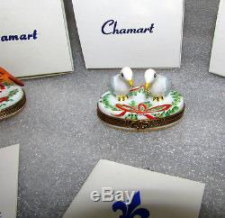 4 Chamart Limoges Christmas Boxes Santa Chef Partridge Doves Hens Peint Main
