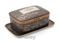 A Limoges Le Tallec Paris Porcelain Jewellery Box and Stand Niello Pattern