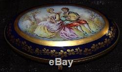 Antique Oval Shape Porcelain Sevres Signed Jewelry Or Trinket Box Hand Painted