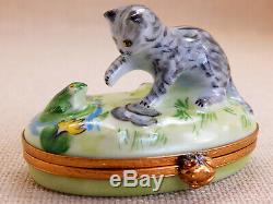 ARTORIA Limoges France Hinged Lid Trinket Box- Grey stripped Cat playing With Frog