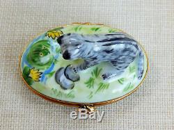 ARTORIA Limoges France Hinged Lid Trinket Box- Grey stripped Cat playing With Frog