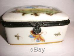 Antique 1800`S Limoges porcelain hand painted bird butterfly trinket hinged box