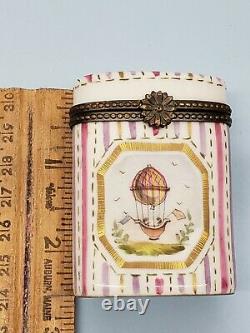 Antique Early French Limoges Pill Trinket Box Vesta Case Hot Air Balloon