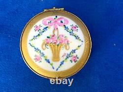 Antique French Limoges Peint Main Hand Painted Flower Basket Trinket Pill Box