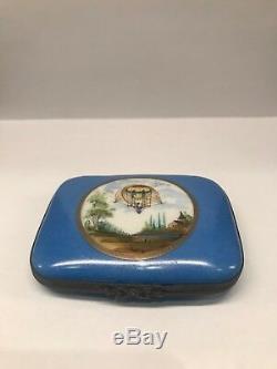 Antique French Limoges Trinket Box Blue Hot Air Balloon Scenic