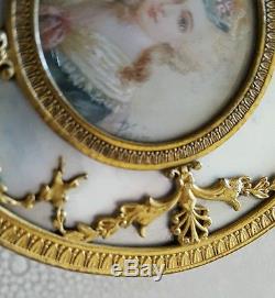 Antique German Heavy Brass Ormolu Porcelain Portrait Dresser Can Box Glass inser