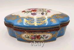 Antique Large Limoges Domed Casket Jewelry Box Blue, White & Floral withGold Gild