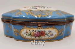 Antique Large Limoges Domed Casket Jewelry Box Blue, White & Floral withGold Gild