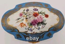 Antique Large Limoges Domed Casket Jewelry Box Blue, White & Floral withGold Gild