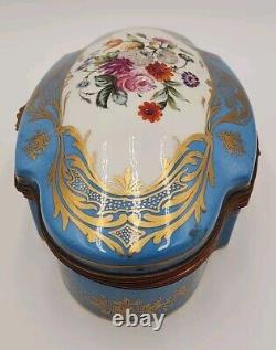 Antique Large Limoges Domed Casket Jewelry Box Blue, White & Floral withGold Gild