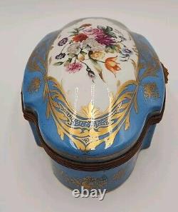 Antique Large Limoges Domed Casket Jewelry Box Blue, White & Floral withGold Gild