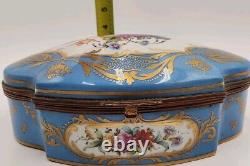 Antique Large Limoges Domed Casket Jewelry Box Blue, White & Floral withGold Gild