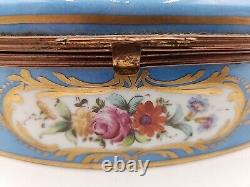 Antique Large Limoges Domed Casket Jewelry Box Blue, White & Floral withGold Gild