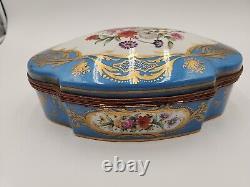 Antique Large Limoges Domed Casket Jewelry Box Blue, White & Floral withGold Gild