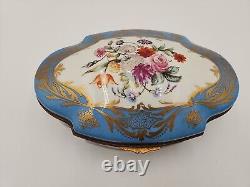 Antique Large Limoges Domed Casket Jewelry Box Blue, White & Floral withGold Gild