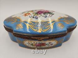 Antique Large Limoges Domed Casket Jewelry Box Blue, White & Floral withGold Gild