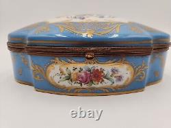 Antique Large Limoges Domed Casket Jewelry Box Blue, White & Floral withGold Gild