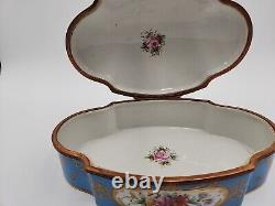 Antique Large Limoges Domed Casket Jewelry Box Blue, White & Floral withGold Gild