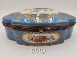 Antique Large Limoges Domed Casket Jewelry Box Blue, White & Floral withGold Gild