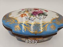 Antique Large Limoges Domed Casket Jewelry Box Blue, White & Floral withGold Gild