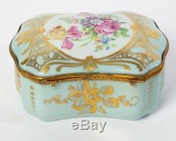 Antique Limoges France Porcelain Turquoise & Gold Museum Roses Trinket Box 6.5
