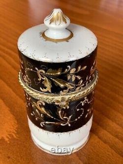 Antique Limoges French Cylinder Porcelain & Bronze Trinket Box Hand Painted Gilt
