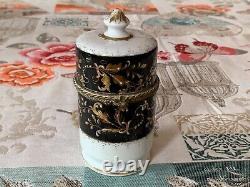 Antique Limoges French Cylinder Porcelain & Bronze Trinket Box Hand Painted Gilt