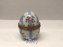 Antique Limoges French Peint Main Porcelain Trinket Box Egg Floral with Ribbons