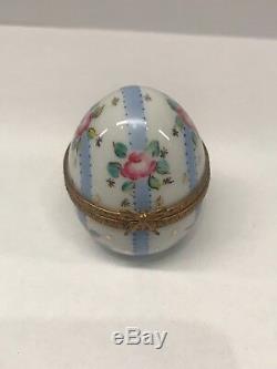 Antique Limoges French Peint Main Porcelain Trinket Box Egg Floral with Ribbons