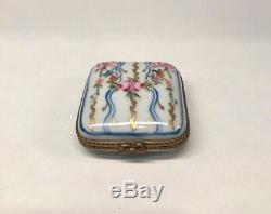 Antique Limoges French Peint Main Porcelain Trinket Box Floral with Ribbons