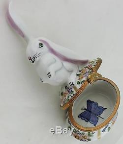 Antique Limoges Porcelain Peint Main Bunny Rabbit Trinket/pill/ring Box Floral