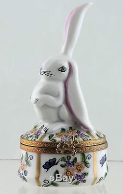 Antique Limoges Porcelain Peint Main Bunny Rabbit Trinket/pill/ring Box Floral