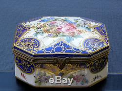 Antique Limoges octagonal Trinket box hand painted blue / gilt / fowers / brass