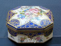 Antique Limoges octagonal Trinket box hand painted blue / gilt / fowers / brass