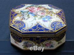 Antique Limoges octagonal Trinket box hand painted blue / gilt / fowers / brass