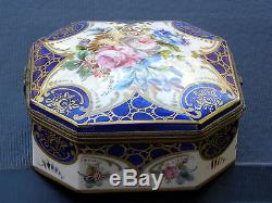 Antique Limoges octagonal Trinket box hand painted blue / gilt / fowers / brass