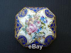 Antique Limoges octagonal Trinket box hand painted blue / gilt / fowers / brass