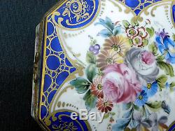 Antique Limoges octagonal Trinket box hand painted blue / gilt / fowers / brass