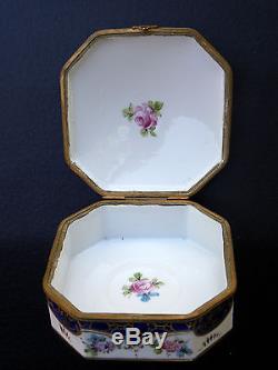 Antique Limoges octagonal Trinket box hand painted blue / gilt / fowers / brass