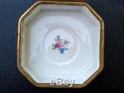 Antique Limoges octagonal Trinket box hand painted blue / gilt / fowers / brass