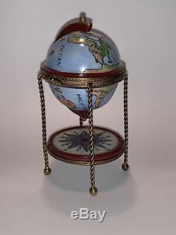 Antique Porcelain Ring Trinket Box World Globe Bar France Limoges, Peint Main