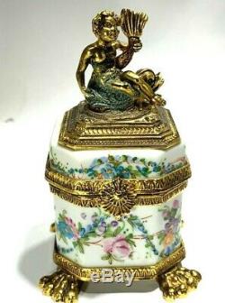 Antique (RARE) Gallery Quality Inkwell with Cherub Ormolu Limoges Porcelain Box