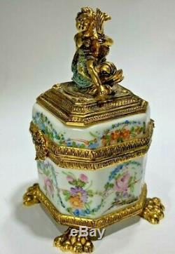 Antique (RARE) Gallery Quality Inkwell with Cherub Ormolu Limoges Porcelain Box