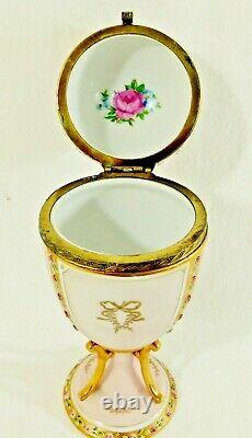 Antique/Vtg LIMOGES Hand Painted PUTTI CHERUB Porcelain Brass Egg Trinket Box
