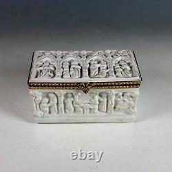 Antique White High Relief Porcelain Limoges French Brass Hinged Trinket Box